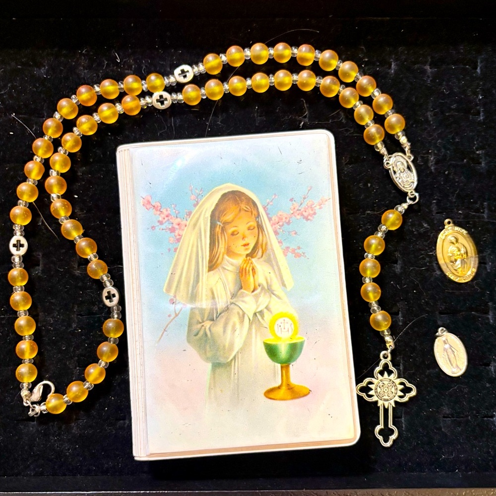 Children’s blessed trinity missal, rosary, St Jude & immaculate Mary medals VTG